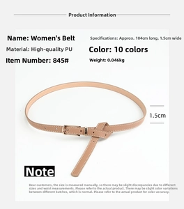 Detail of light coffee PU leather belt with gold pin buckle and white stitching