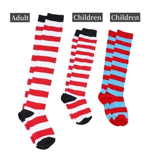 Striped knee-high knit socks in red-white and red-blue patterns for adults and kids