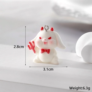 Flocked white rabbit pendant with red devil horns and bow tie, size 2.8cm by 3.1cm