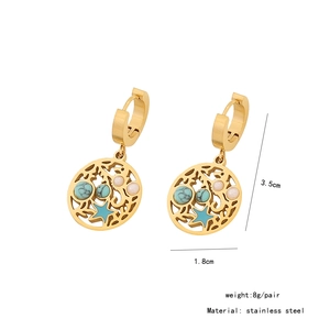 Detail of gold stainless steel earrings with starfish, turquoise beads and measurements
