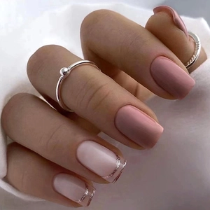 Press On Nails French Style Pink Glitter Square Round Artificial Fake Nails For Women Daily Wear Salon Elegant