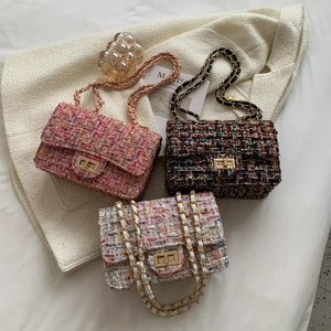 Women Elegant Tweed Quilted Crossbody Bag Multicolor Woven Chain Shoulder Bag With Metal Lock Vintage Ladylike Handbag
