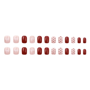 Red polka dot and pink bow press-on nails set with glossy 24pcs short square tips