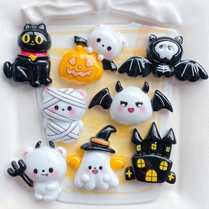 Set of 8 Halloween resin charms featuring ghost, black cat, and pumpkin for DIY crafts