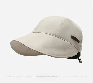 Detailansicht eines beigen Sonnenhutes mit Leder-Logo und verstellbarem Metallclip