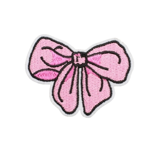 Pink embroidered bow patch with black thread outline and white border on a white background