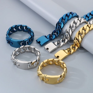 Heavy 24mm Cuban link bracelets and rings set in gold, silver, and blue finishes
