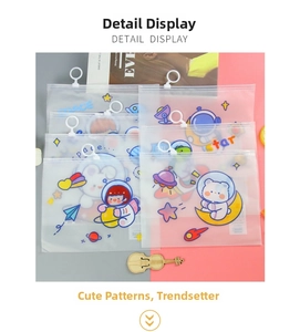 Detail of cute astronaut and bunny prints on frosted transparent zipper bags