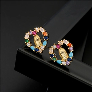 Golden heart-shaped Virgin Mary stud earrings featuring colorful cubic zirconia stones