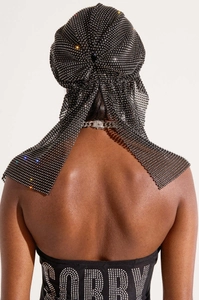 Detailed back view of a black durag headwrap with sparkling rhinestones and long streamers