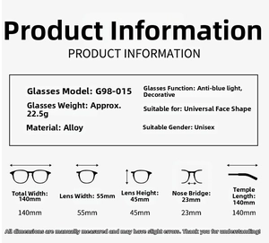Size chart showing metal glasses frame dimensions with width, height and model details
