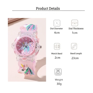 Detailed specs for kids pink unicorn quartz watch featuring soft silicone strap dimensions