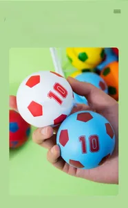 Close-up of mini soccer-style squeeze balls with number 10 print in vibrant colors