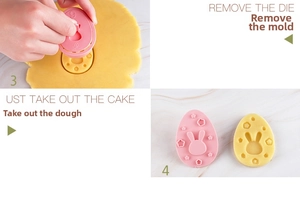 Detail showing the process of using pink egg-shaped cookie molds with rabbit patterns
