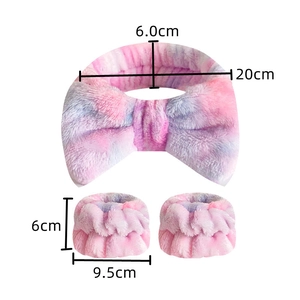Pink purple tie-dye plush headband and wristband set with precise size dimensions