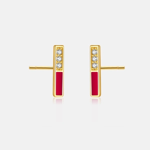 Detail of red enamel bar earrings with white zircon stones in 18K gold finish