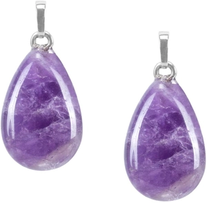Natural amethyst teardrop pendant necklaces with silver metal clasps on white background