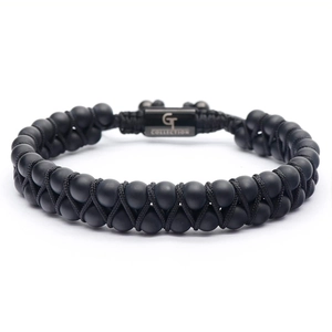 Bracelet double rangée en pierre mate noire de 6 mm avec fermoir en métal rectangulaire