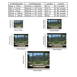 Size chart showing five dimensions and weights for the forest landscape wall tapestry