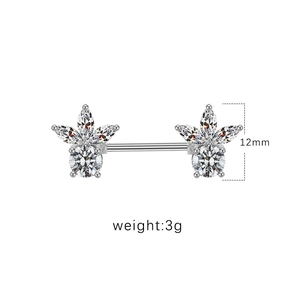 Detail der Nippelring mit Herz-Pilz-Motiv, weißen Zirkonsteinen und 12mm Stahlstab