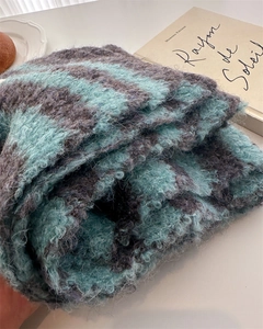 Detail of teal and grey wave pattern on chunky mohair wool knitted winter scarf
