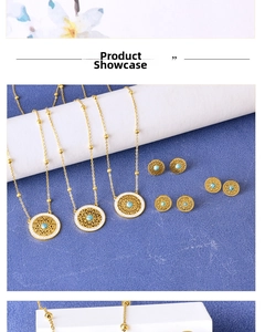 Detailed close-up of golden hollow mandala pendants and matching turquoise stud earrings