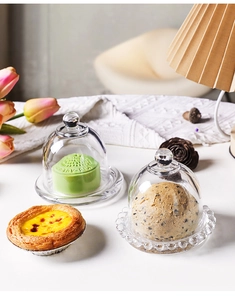 European style clear crystal glass dome cake stand showcasing mooncakes and pastries