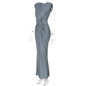Detail showing elegant waist pleats and gathered knot on a grey sleeveless maxi dress