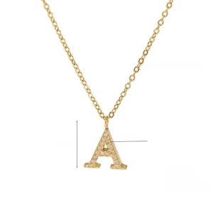 Detail showing dimensions of golden A-letter pendant necklace with 18k gold plating