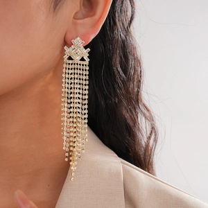Geometric Rhombus Long Tassel Dangle Earrings With Zircon Rhinestone And Silver Earring Post Luxury Fashion For Women