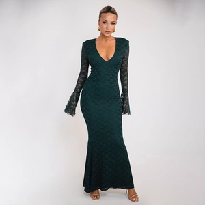 Robe de soirée élégante vert foncé en dentelle avec manches longues et décolleté en V