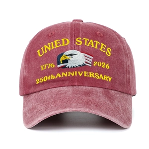 Close-up of eagle embroidery and 250th anniversary text on burgundy washed cotton cap