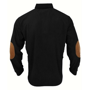 Rear view of black corduroy shirt featuring tan elbow patches and vertical ribbed texture