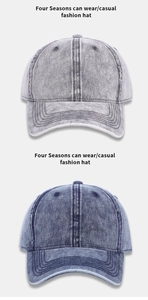 Detailed close-up of washed denim texture and stitching on street style baseball caps