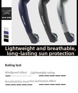Detail view of breathable sun protection sleeves in navy, grey and white with logo