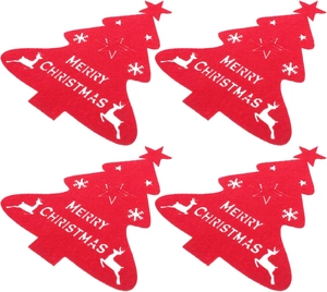 Set of 4 red felt Christmas tree cutlery holders featuring Merry Christmas deer prints
