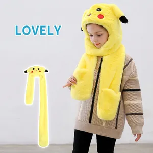 Cute yellow Pikachu plush hat scarf glove set with movable ears for kids winter warmth