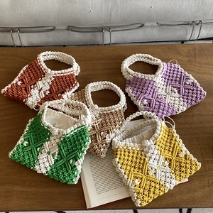 Handgeweven Gehaakte Handtas Dames Macramé Boho Geometrisch Patroon Katoenen Koord Tas Met Trekkoord Binnenzak