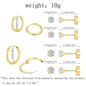 Detailed size chart for gold stainless steel hoop earrings and zircon stud set