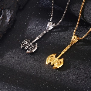 Skull Double Axe Pendant Stainless Steel Gothic Punk Rock Biker Jewelry Vintage Axe Necklace For Men
