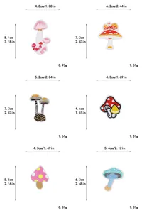 Size chart showing dimensions and weight for six different mushroom embroidery patches