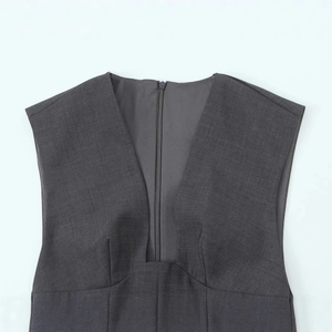Sleeveless gray V-neck dress with a front invisible zipper detail and smooth fabric
