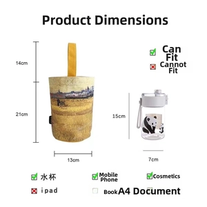 Size chart showing Van Gogh oil painting bucket bag dimensions and capacity for daily items