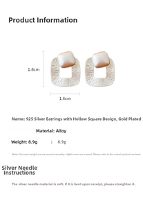 Detail of hollow square gold-plated earrings with matte texture and 925 silver needles