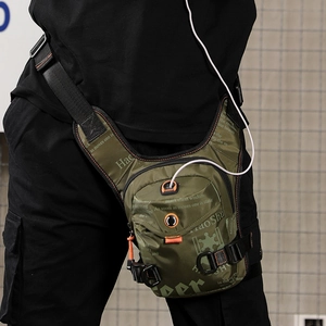 Tactical military green thigh bag for outdoor sports with adjustable straps and earphone hole