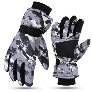 Waterproof grey camouflage ski gloves with anti-slip palms and adjustable wrist straps