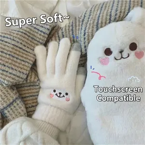 Winter white knit thermal gloves for women with touch screen fingers and cartoon smiley face