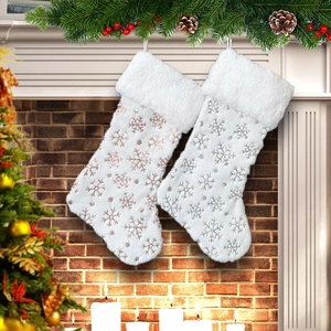 Calze Di Natale In Peluche Bianco Pelliccia Sintetica Paillettes Fiocco Di Neve Modello Camino Albero Di Natale Decorazione Sacchetto Regalo Lusso