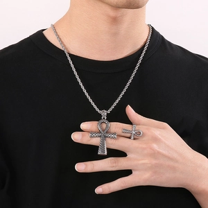 Egyptian Ankh Cross Jewelry Set For Men Stainless Steel Punk Retro Snake Pattern Pendant Necklace And Ring
