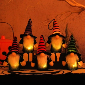 Set of 5 glowing Halloween faceless gnomes with LED lights and striped pointed hats